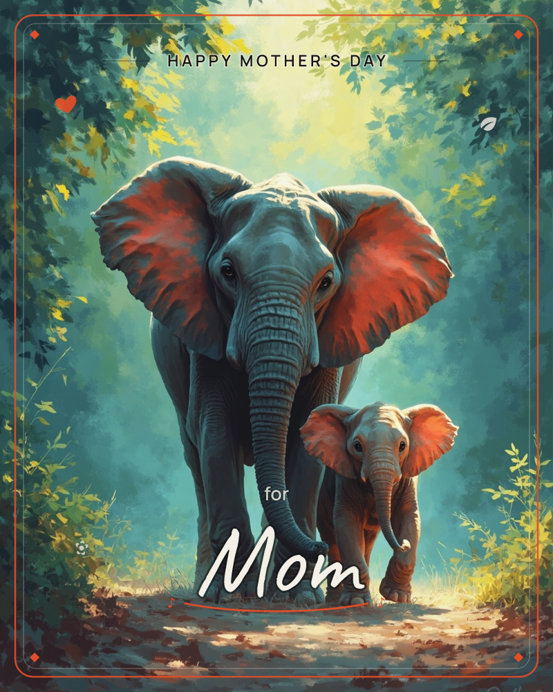 An adult elephant and its calf walk together down a sunlit forest path, their large ears glowing warm red-orange against the cool teal foliage, a mothersday e-card design