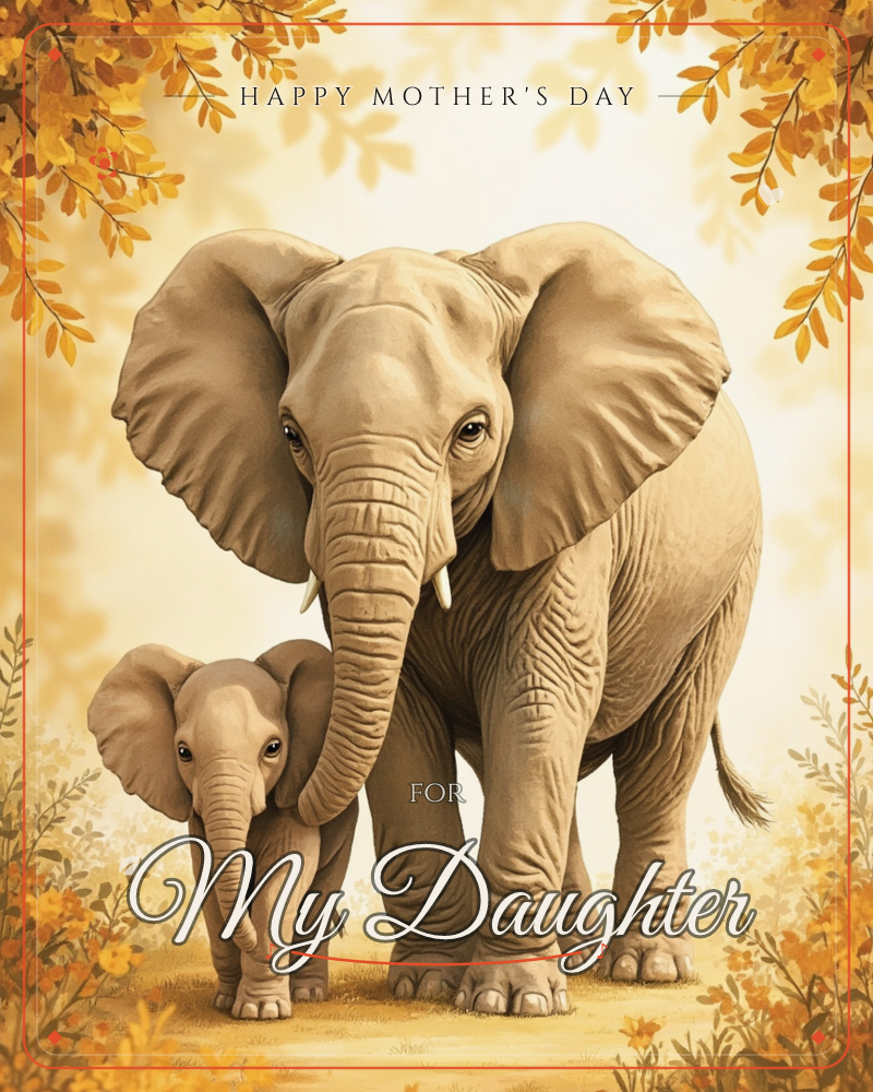 An adult elephant and a smaller calf stand close together, trunks touching, framed by golden autumn leaves and soft glowing light, a mothersday e-card design