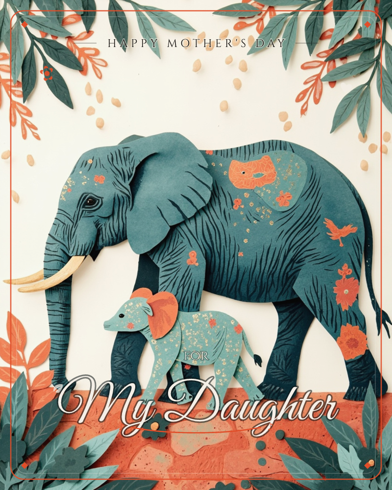 A layered paper-cut illustration shows a large elephant walking beside a smaller calf across a rust-red patterned ground, both decorated with painted…, a mothersday e-card design
