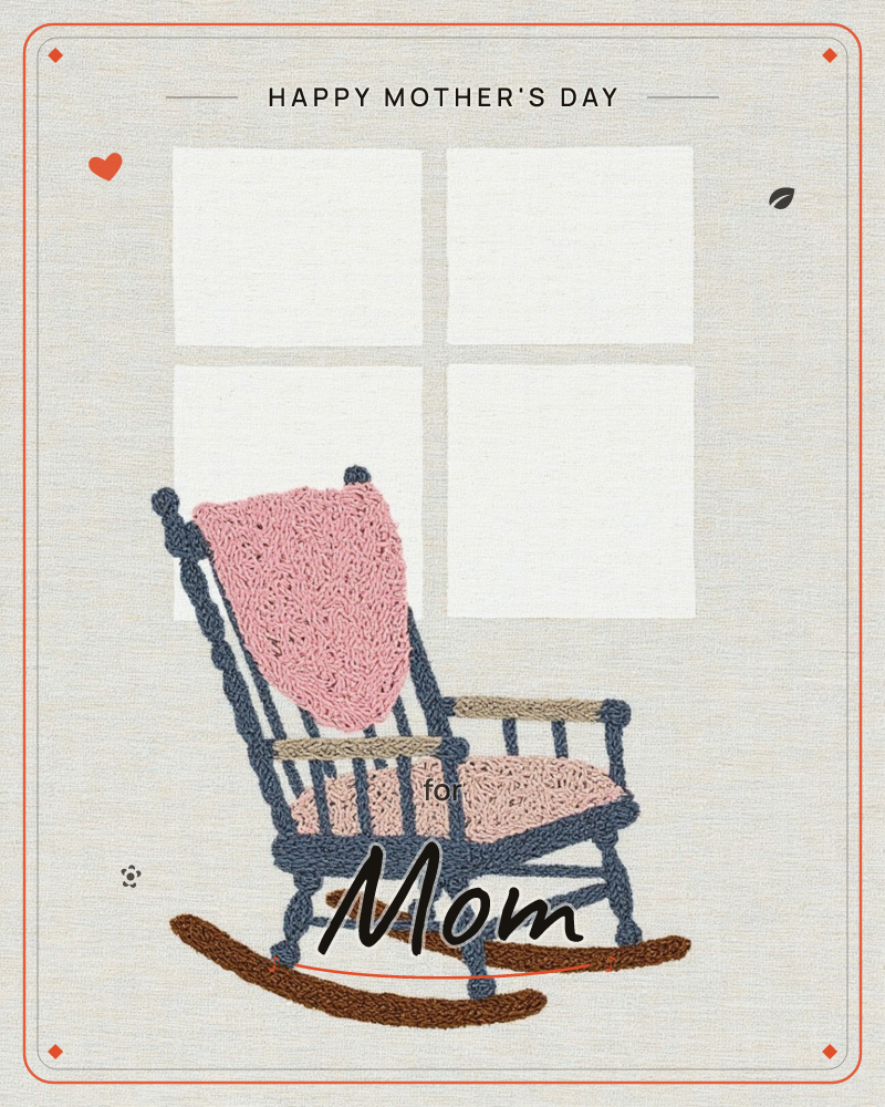 An empty rocking chair sits by a paned window, its blanket draped in soft pink over the backrest, a mothersday e-card design