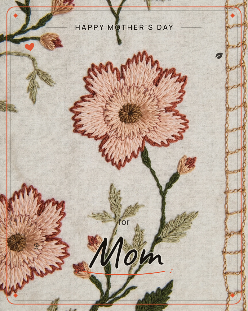 A close-up of embroidered flowers on pale linen, with dense pink and coral stitched petals, brown French-knot centres, and sage-green leaves trailing…, a mothersday e-card design