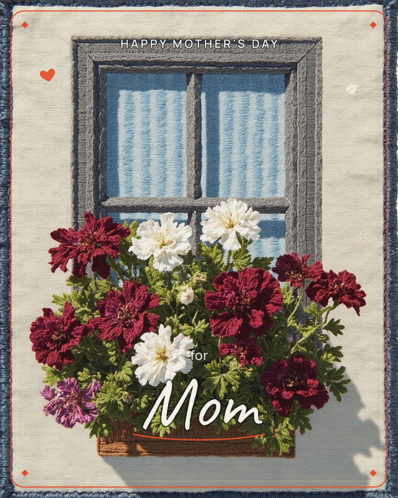 An embroidered window box overflows with deep red and white blooms beneath a grey-framed window, its panes stitched in soft blue to suggest curtains or…, a mothersday e-card design