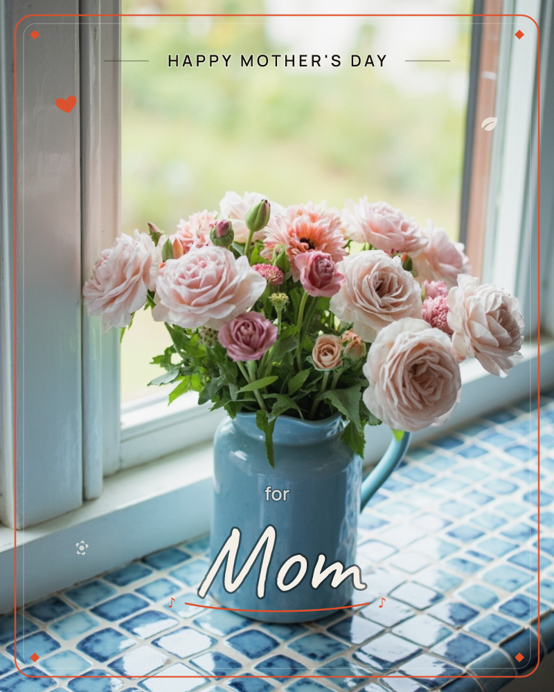 A pale blue enamel jug crowded with blush and dusty-pink roses sits on a tiled windowsill, soft green garden light blurring through the panes behind it, a mothersday e-card design
