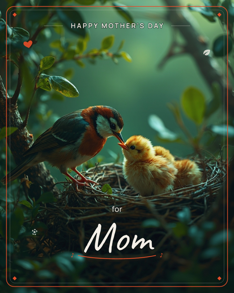 A parent bird with rust-red and grey plumage leans down to feed a fluffy yellow chick nestled in a twig nest, a second chick tucked close behind, a mothersday e-card design