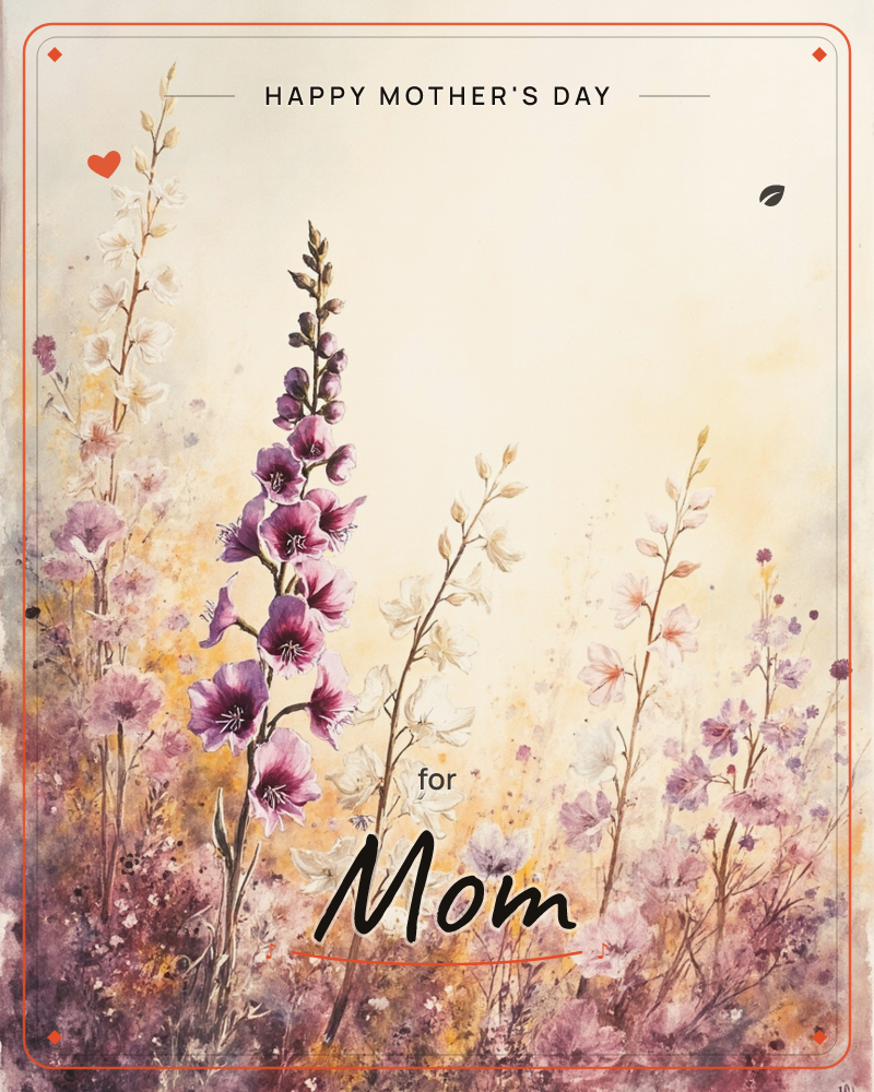 Tall purple foxglove spikes rise through a soft meadow of white and pink wildflowers, painted against a hazy golden-cream background that fades to…, a mothersday e-card design