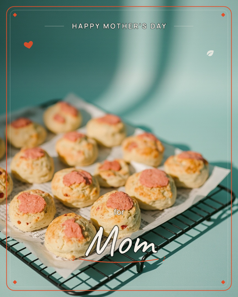 Rows of golden-baked buns, each topped with a pink swirl of filling, sit cooling on a wire rack lined with newspaper, a mothersday e-card design