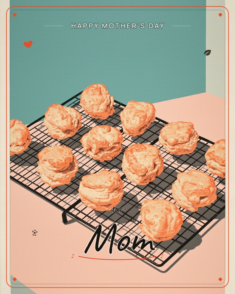 A batch of freshly baked biscuits cools on a black wire rack, their golden-brown tops flaky and uneven, set against a bold teal wall and pale pink…, a mothersday e-card design