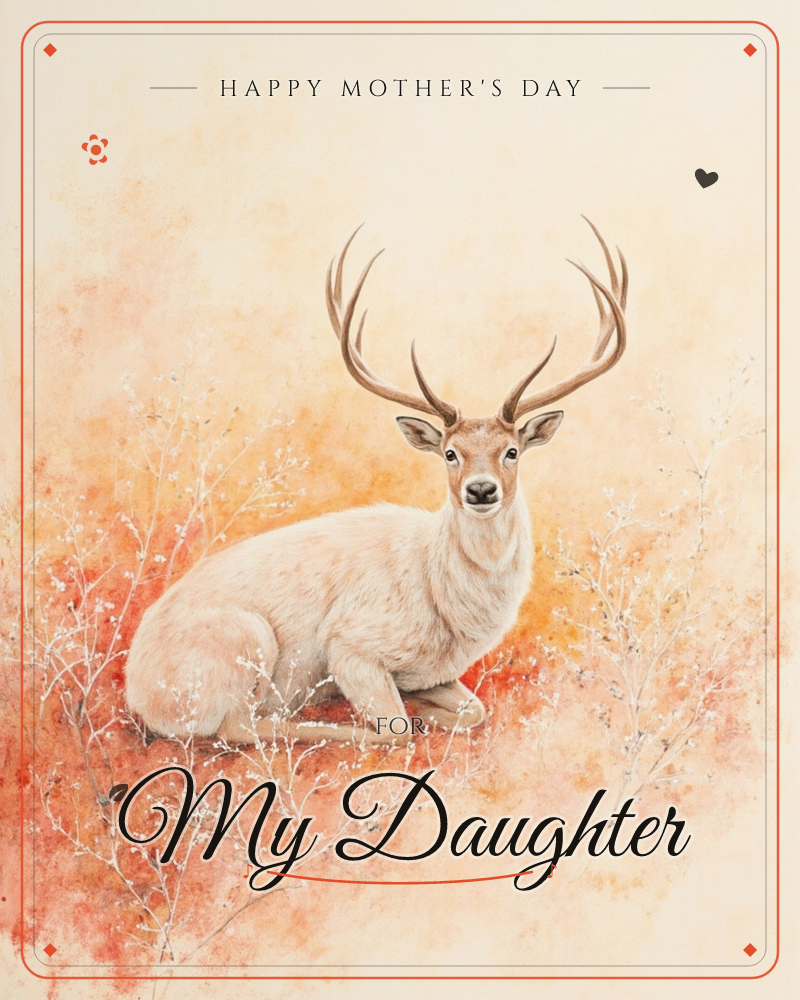 A pale stag with tall branching antlers rests low in a haze of warm orange and coral, surrounded by delicate bare twigs dotted with tiny white buds, a mothersday e-card design