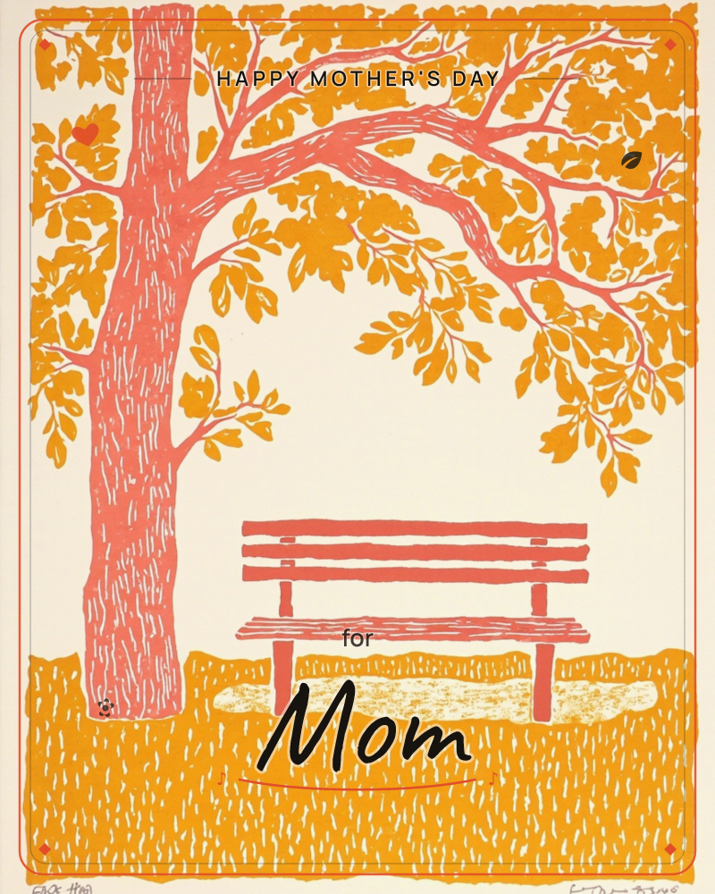 A linocut-style print shows a coral-pink tree with a wide spreading canopy of golden-orange leaves, its branches arching over an empty red park bench, a mothersday e-card design