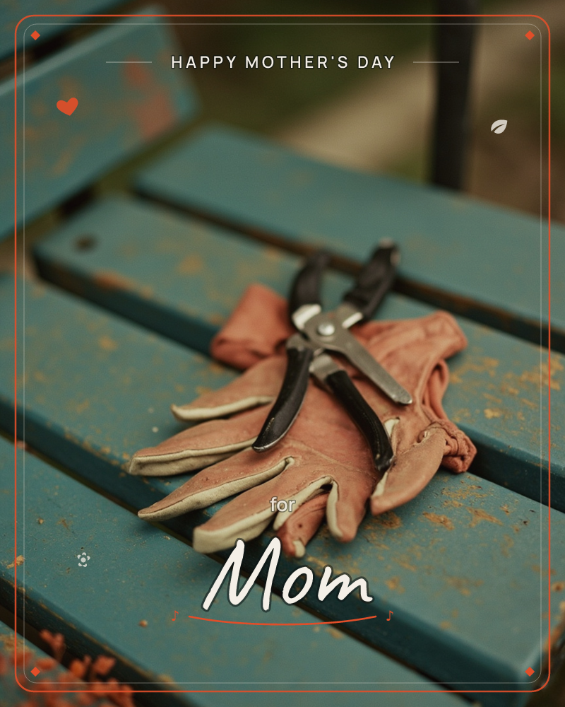 A weathered pair of leather gardening gloves lies fanned out on a peeling teal wooden bench, with a pair of black-handled pruning shears resting on top…, a mothersday e-card design