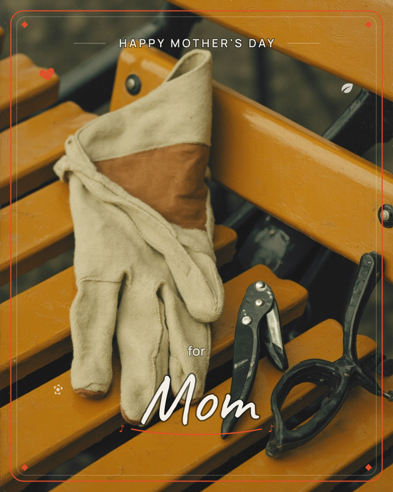 A worn canvas gardening glove with a tan leather palm lies draped over the slats of an orange-painted bench, next to a pair of black-handled pruning…, a mothersday e-card design
