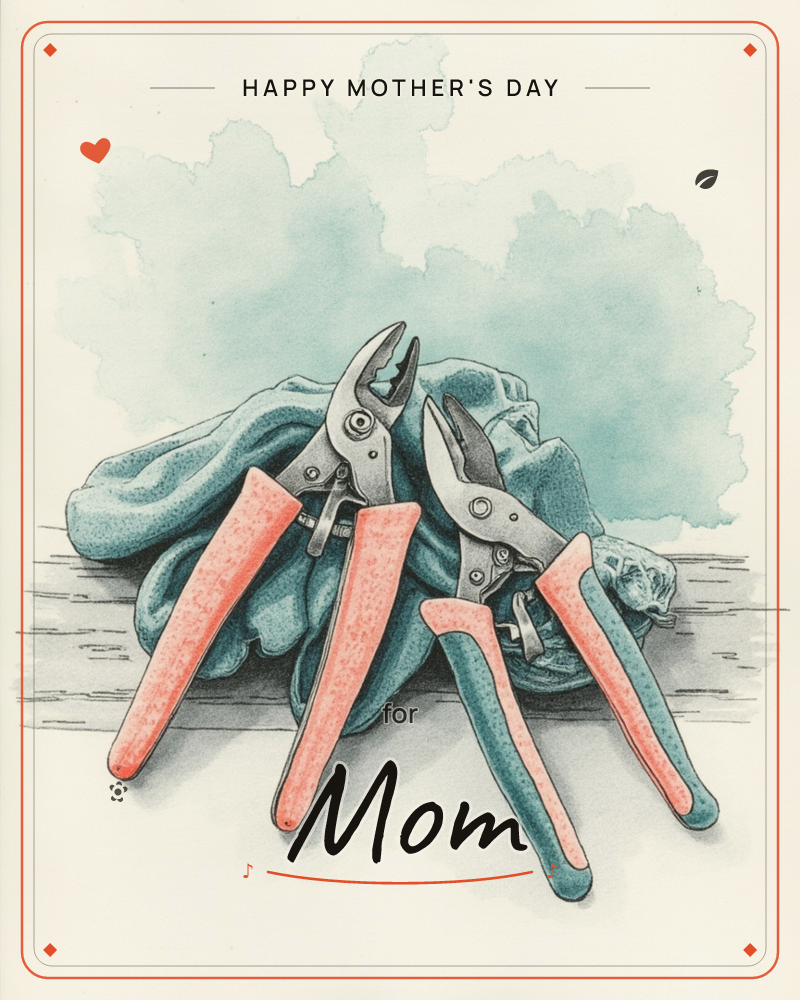 Two pairs of metal snips with coral and teal handles rest on a folded work glove atop a wooden plank, a soft cloudy blue-green shape drifting behind…, a mothersday e-card design