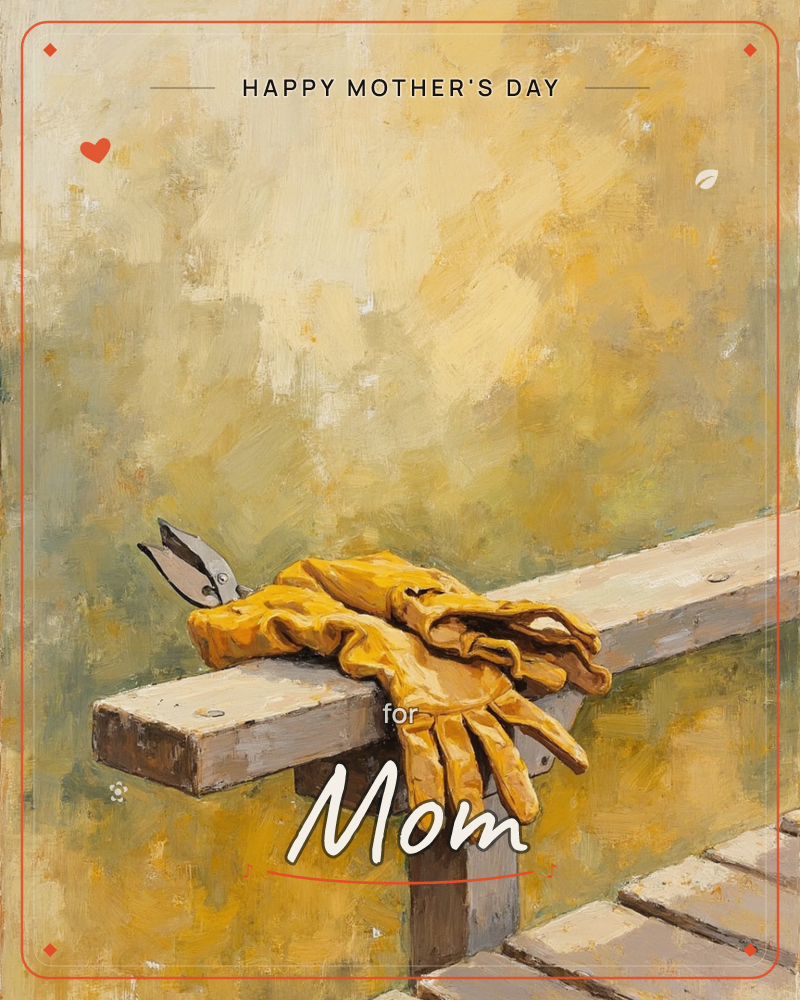 A pair of worn mustard-yellow gardening gloves lies draped over a wooden bench beside a pair of pruning shears, painted in loose, textured brushstrokes, a mothersday e-card design