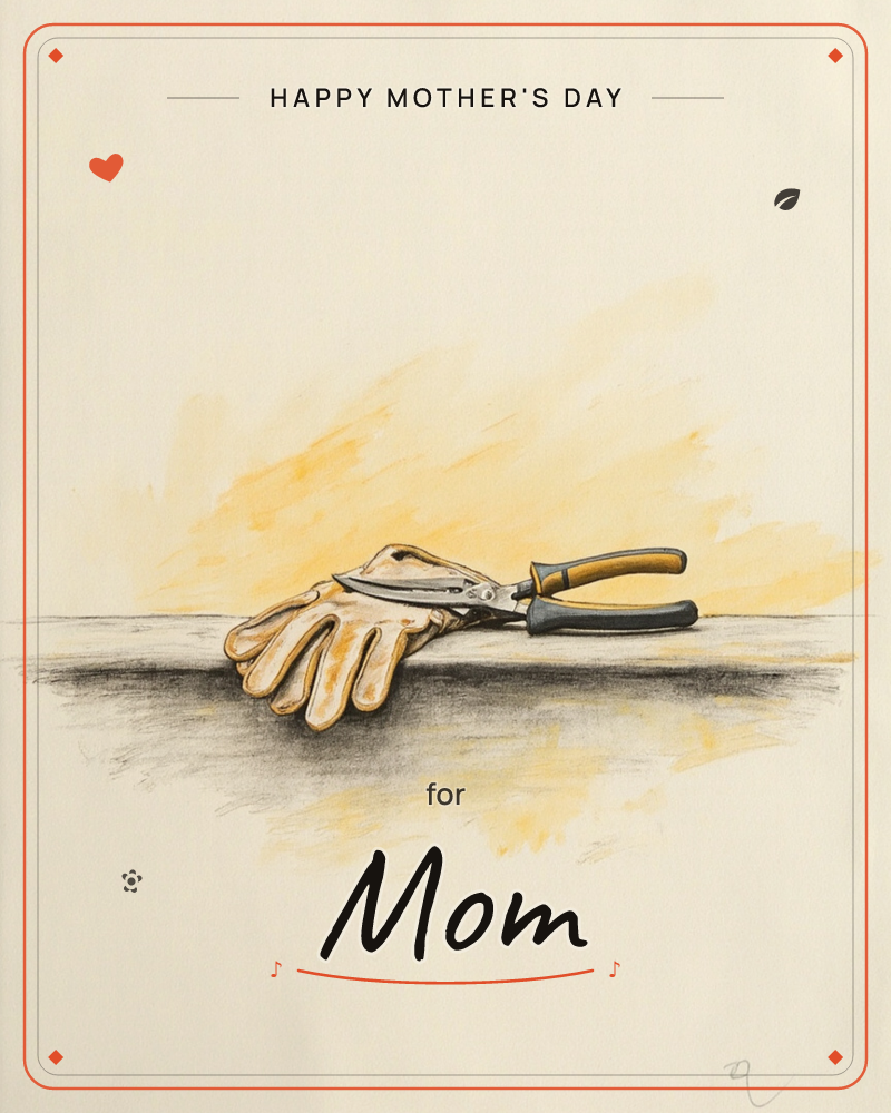 A worn leather work glove lies flat on a wooden ledge with a pair of pruning shears resting across it, rendered in fine cross-hatched pencil against a…, a mothersday e-card design
