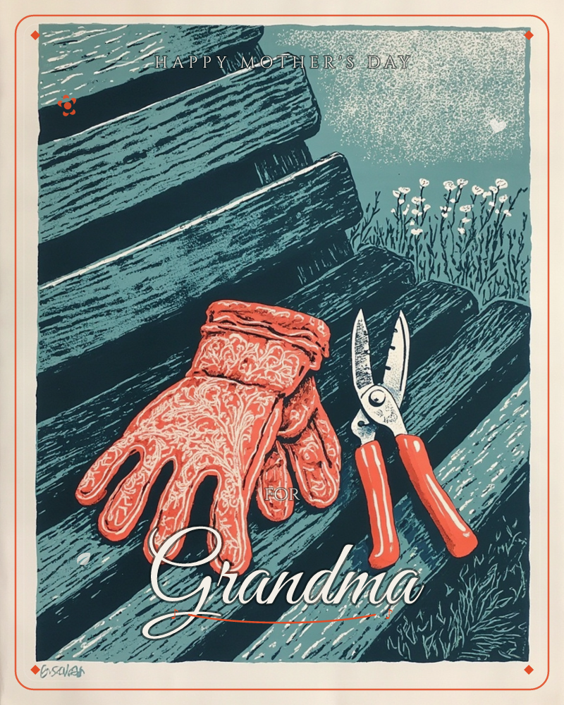 A single patterned gardening glove and a pair of red-handled pruning shears rest on the slatted wooden seat of a garden bench, with small white…, a mothersday e-card design