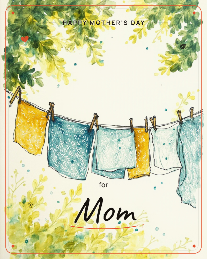 A watercolour clothesline strung between leafy branches holds patterned squares of fabric in mustard yellow and teal, pegged loosely and fluttering, a mothersday e-card design