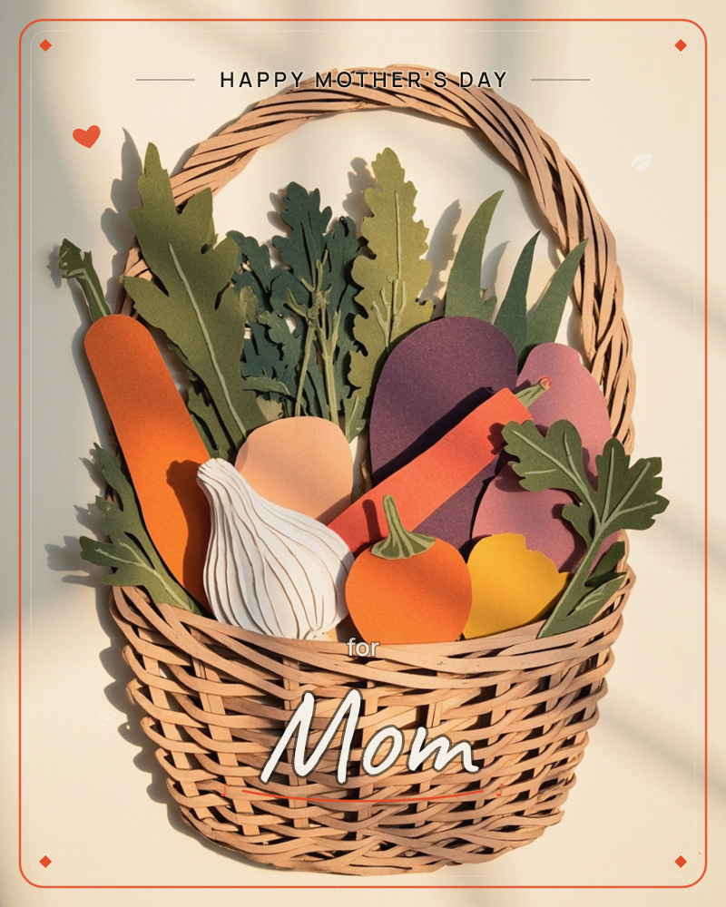A woven wicker basket sits against a warm cream wall, filled with paper-cut vegetables in layered shapes, a carrot, onion, eggplants, a pumpkin, and…, a mothersday e-card design