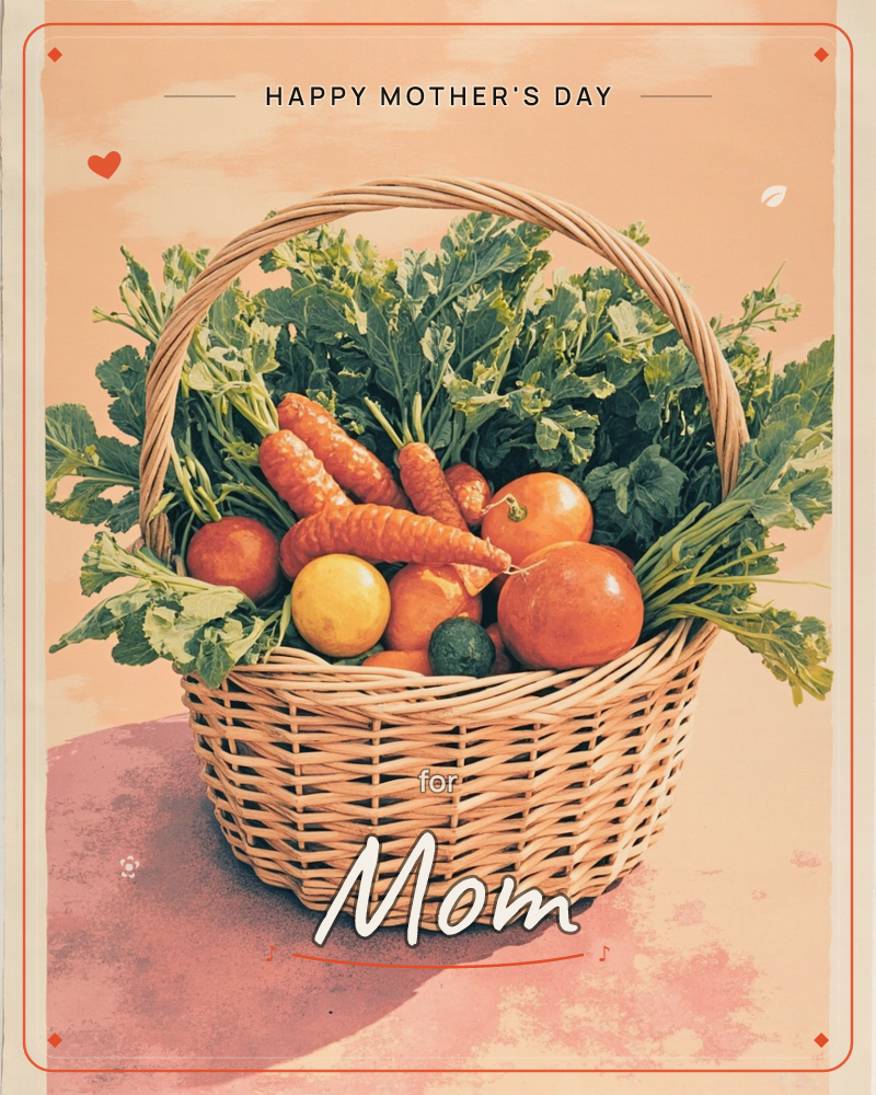 A woven wicker basket sits on a warm terracotta surface, overflowing with carrots, tomatoes, a lemon, a lime, and leafy green tops against a soft peach…, a mothersday e-card design