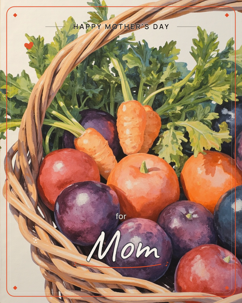 A woven wicker basket is piled high with glossy red and orange apples, deep purple plums, and stubby orange carrots still trailing their feathery green…, a mothersday e-card design