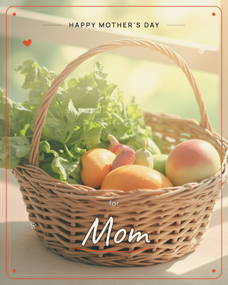 A woven wicker basket sits near a sunlit window, filled with leafy greens, lemons, a peach, and a small radish, a mothersday e-card design