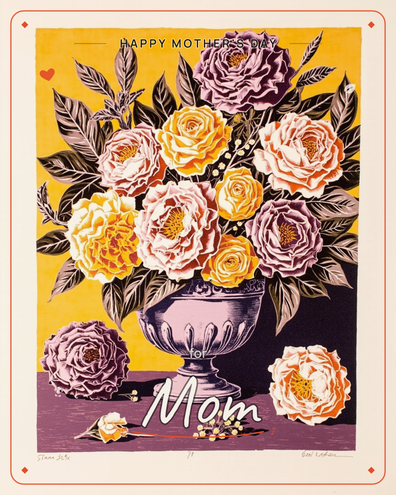 A bold linocut-style print shows a fluted urn overflowing with roses and peonies in mauve, gold and cream, set against a mustard-yellow backdrop and a…, a mothersday e-card design