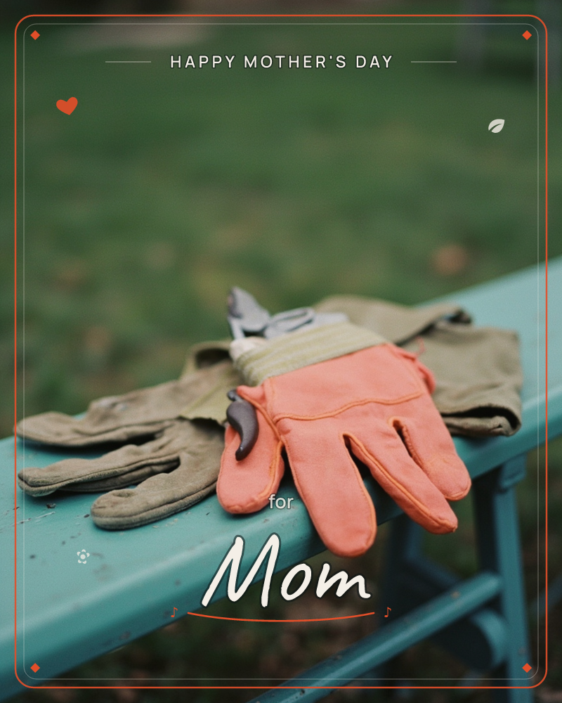 A pair of gardening gloves, one coral orange and one faded olive, lie draped over the edge of a weathered teal bench with small pruning shears tucked…, a mothersday e-card design