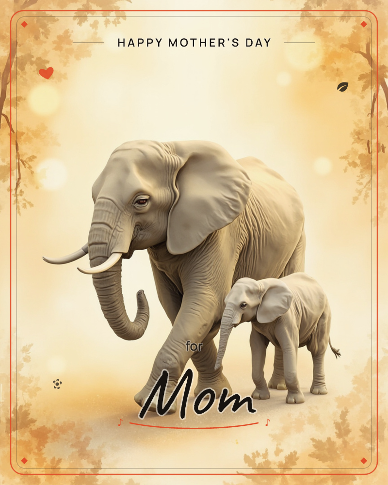 An adult elephant walks beside its calf across a sunlit, dusty path, framed by softly blurred autumn branches glowing in warm gold light, a mothersday e-card design