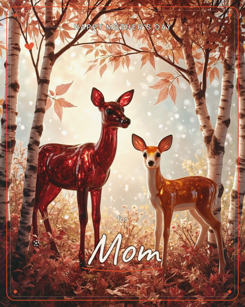 Two glossy, glass-like deer stand among white birch trunks in an autumn woodland, one deep red and one amber-gold, surrounded by falling copper leaves…, a mothersday e-card design