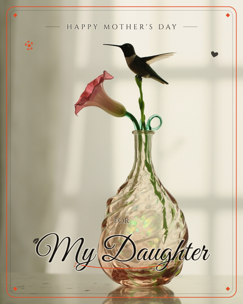 A hummingbird perches on the curling green stem of a single trumpet-shaped pink flower, both rising from a swirled blush-glass bottle set on a pale…, a mothersday e-card design