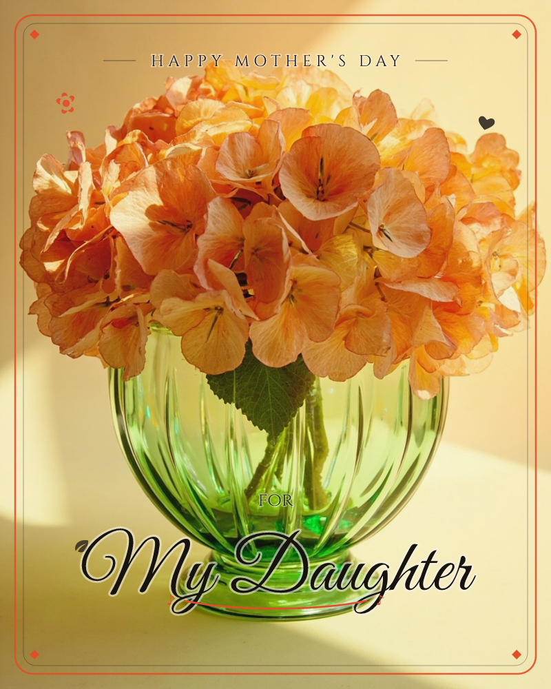 A round green ribbed glass vase holds a single lush hydrangea bloom gone peachy-orange, its cluster of small petals catching warm afternoon light…, a mothersday e-card design