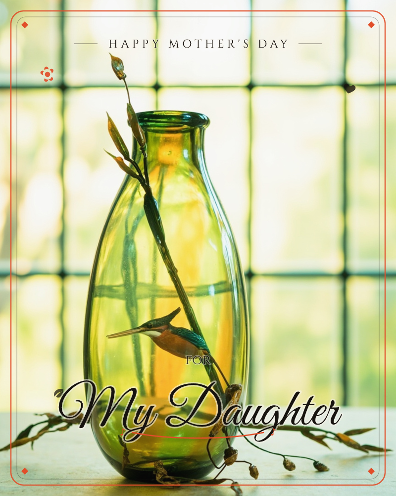 A green glass vase sits on a pale stone ledge before a leaded window, sunlight pouring through in soft golden bands, a mothersday e-card design