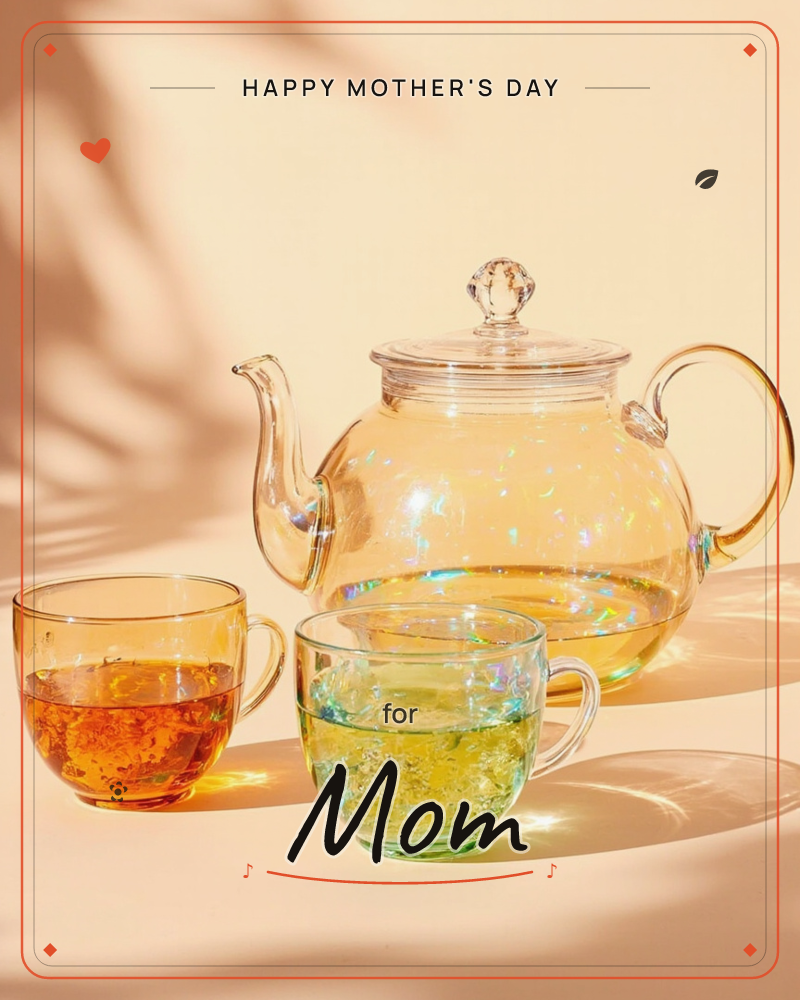 A glass teapot catches the light on a warm peach surface, its contents scattered with tiny iridescent flecks like caught sparks, a mothersday e-card design
