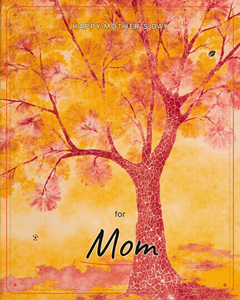 A single tree fills the card in autumn colour, its crackled bark rendered in deep rust red against a glowing wash of golden yellow, a mothersday e-card design