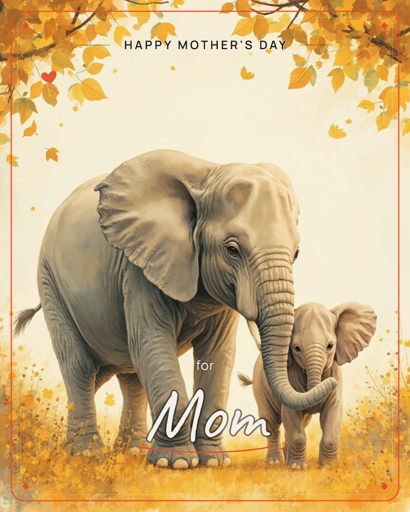 An adult elephant and a smaller calf walk together beneath an overhanging branch of golden autumn leaves, the larger elephant's trunk curling gently…, a mothersday e-card design