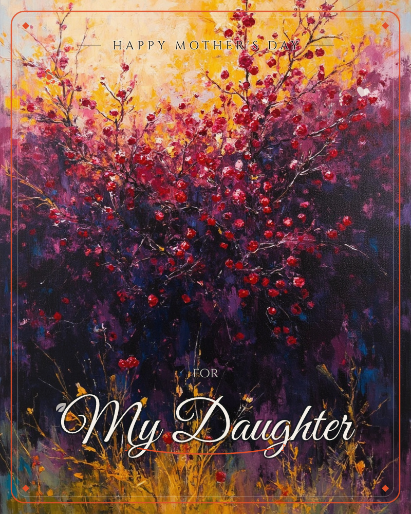 A wild tangle of berry-laden branches glows against a deep violet dusk, the golden sky bleeding through gaps in the thicket like the last light of a…, a mothersday e-card design
