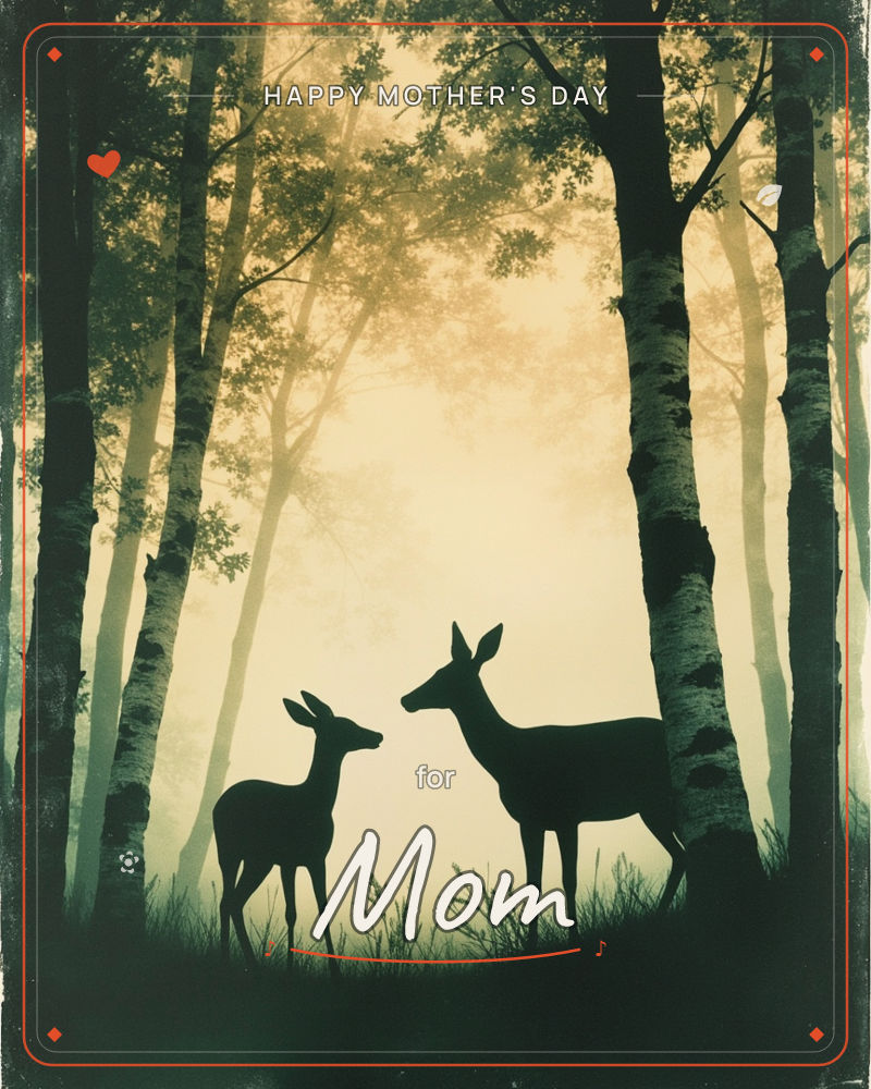 Two deer stand nose to nose in a misty birch forest, their silhouettes dark against a glowing golden haze filtering through the trees, a mothersday e-card design