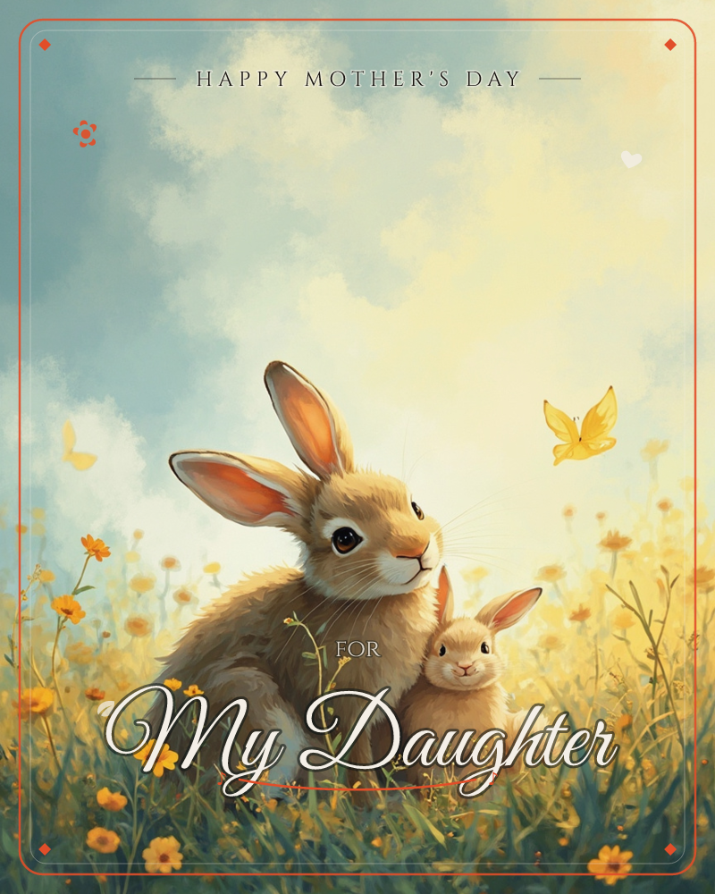A large rabbit and a smaller rabbit sit together in a meadow of tall grass and yellow wildflowers, watching a golden butterfly drift past, a mothersday e-card design