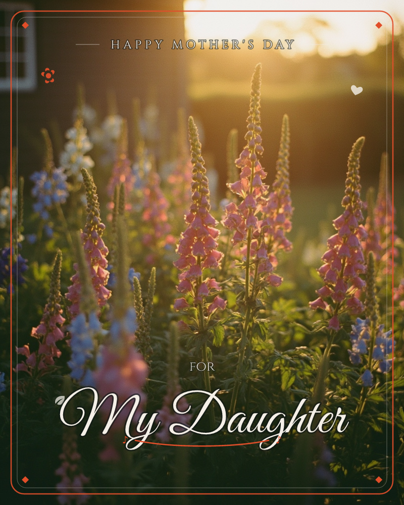 A cottage garden glows in late golden light, tall spires of pink foxgloves and blue delphiniums catching the sun against a dark, blurred house in the…, a mothersday e-card design