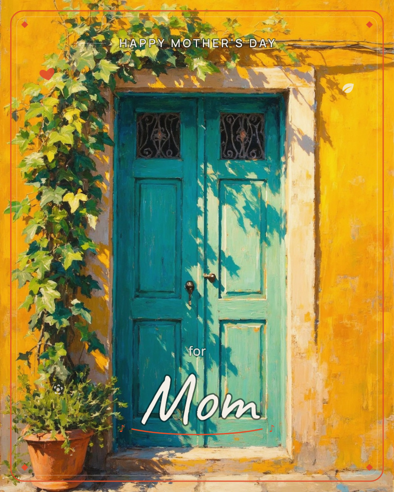 A teal double door with wrought-iron grilles sits framed in a sun-baked ochre wall, dappled with the shifting shadow of an ivy vine that spills down…, a mothersday e-card design