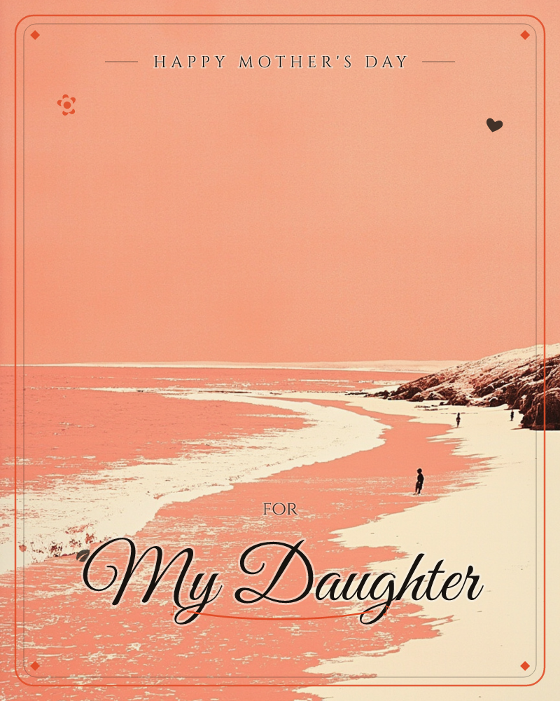A curving beach is rendered entirely in a warm coral-peach duotone, with pale sand meeting a rocky headland and a soft, hazy sky, a mothersday e-card design