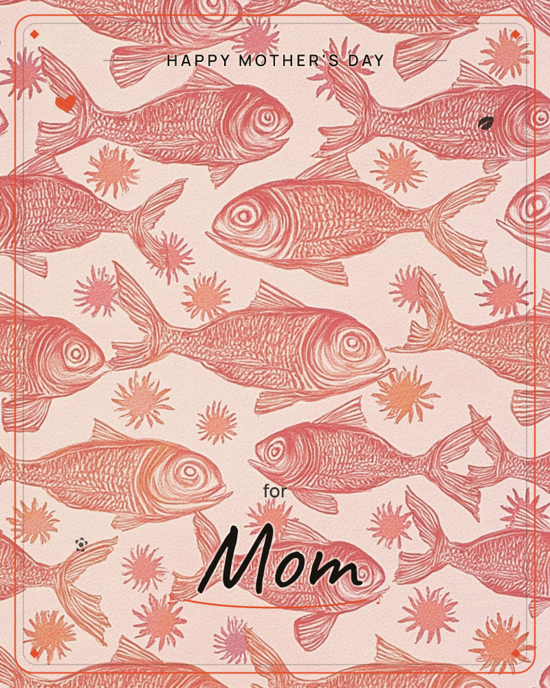 A dense repeating pattern of hand-drawn fish swims in overlapping rows across a soft blush background, their scales rendered in fine linear detail with…, a mothersday e-card design
