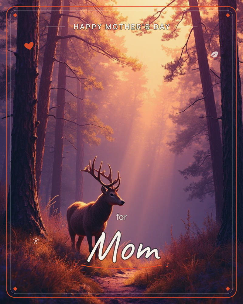 A stag with tall branching antlers stands on a woodland path as golden morning light streams through the pine trees behind it, a mothersday e-card design