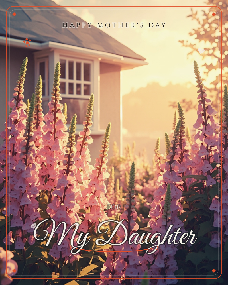 A cottage window glows behind tall spires of pink foxgloves, their blossoms catching the last warm light of a golden evening, a mothersday e-card design