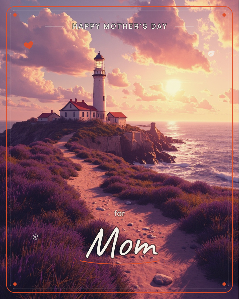 A white lighthouse with red-roofed cottages stands on a rocky clifftop at sunset, overlooking a foaming sea, a mothersday e-card design
