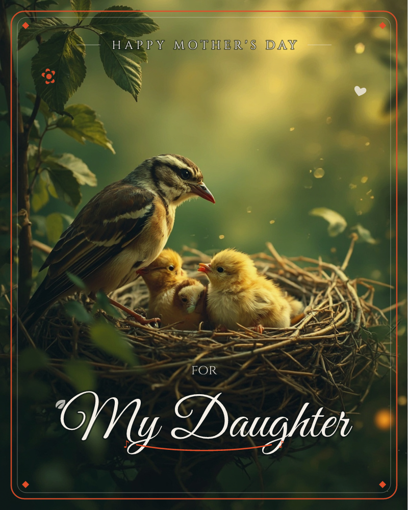 A striped mother bird perches at the edge of a twiggy nest, watching over two fluffy yellow chicks with open beaks, a mothersday e-card design