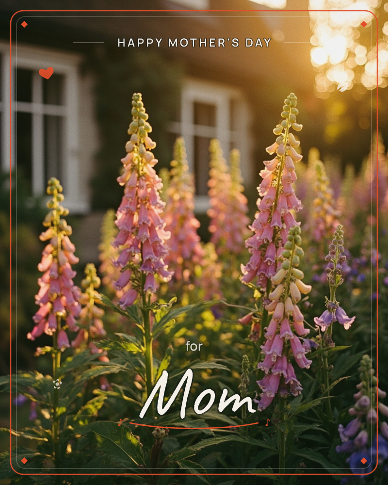 Tall pink foxglove spires crowd a cottage garden bed, their bell-shaped blooms catching the warm glow of a low evening sun, a mothersday e-card design