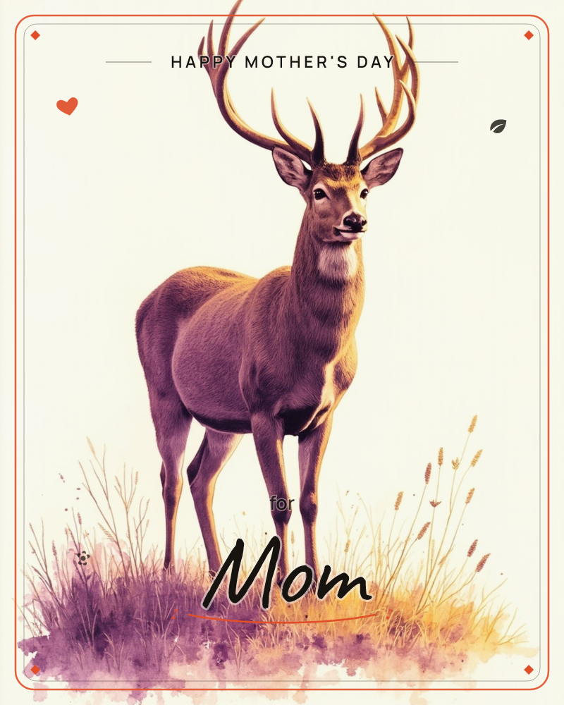 A stag stands squarely on a small tuft of wild grasses, its full antler rack rising above a plain cream background, a mothersday e-card design