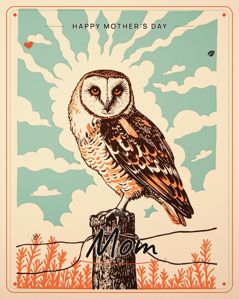 A barn owl with a striking heart-shaped face perches on a weathered wooden fence post, wire looping loosely beside it, a mothersday e-card design