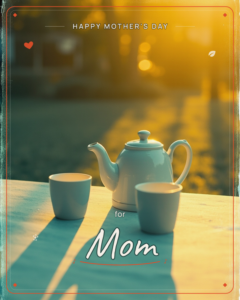 A white teapot and two matching cups sit on a weathered wooden table, glowing in the low golden light of an early morning or evening sun, a mothersday e-card design