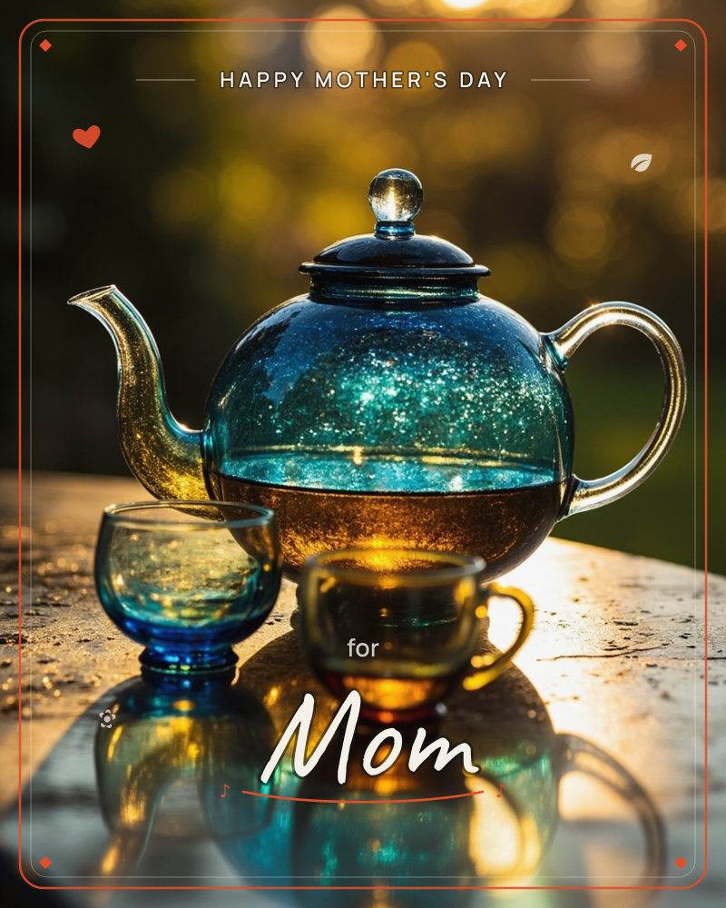 A glass teapot glowing blue-green sits on a wet, reflective table, half filled with amber tea and lit from behind by golden evening sun, a mothersday e-card design